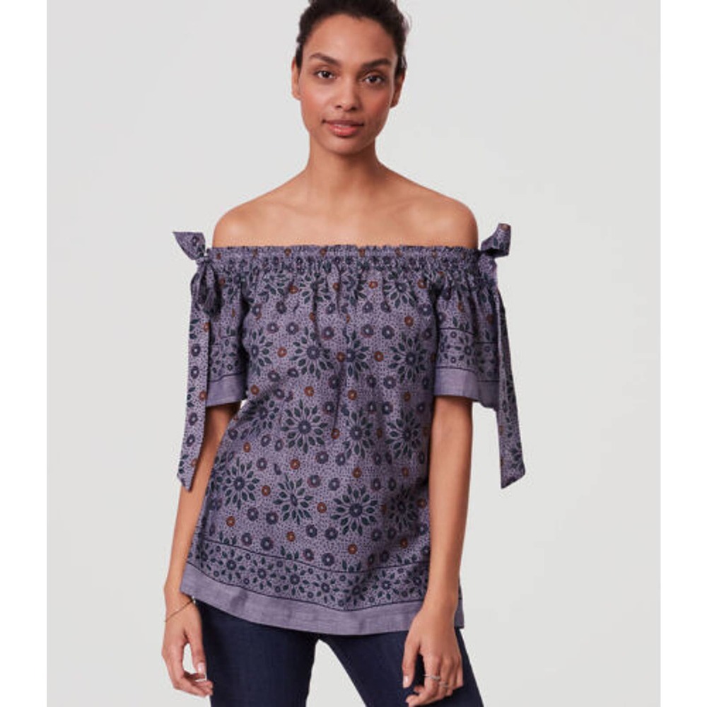 NWT Ann Taylor Loft blue floral off the shoulder blouse Petite XSP